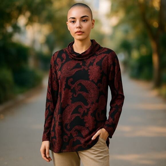 Susan Graver QVC 1X Black mock Neck Blouse Red pattern long sleeve Stretch - Picture 1 of 8